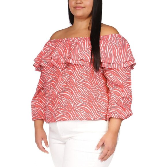 Michael Kors Women's Top Plus Size 3X Zebra-Print Ruffled Peasant Pink MSRP $88 - Picture 1 of 2